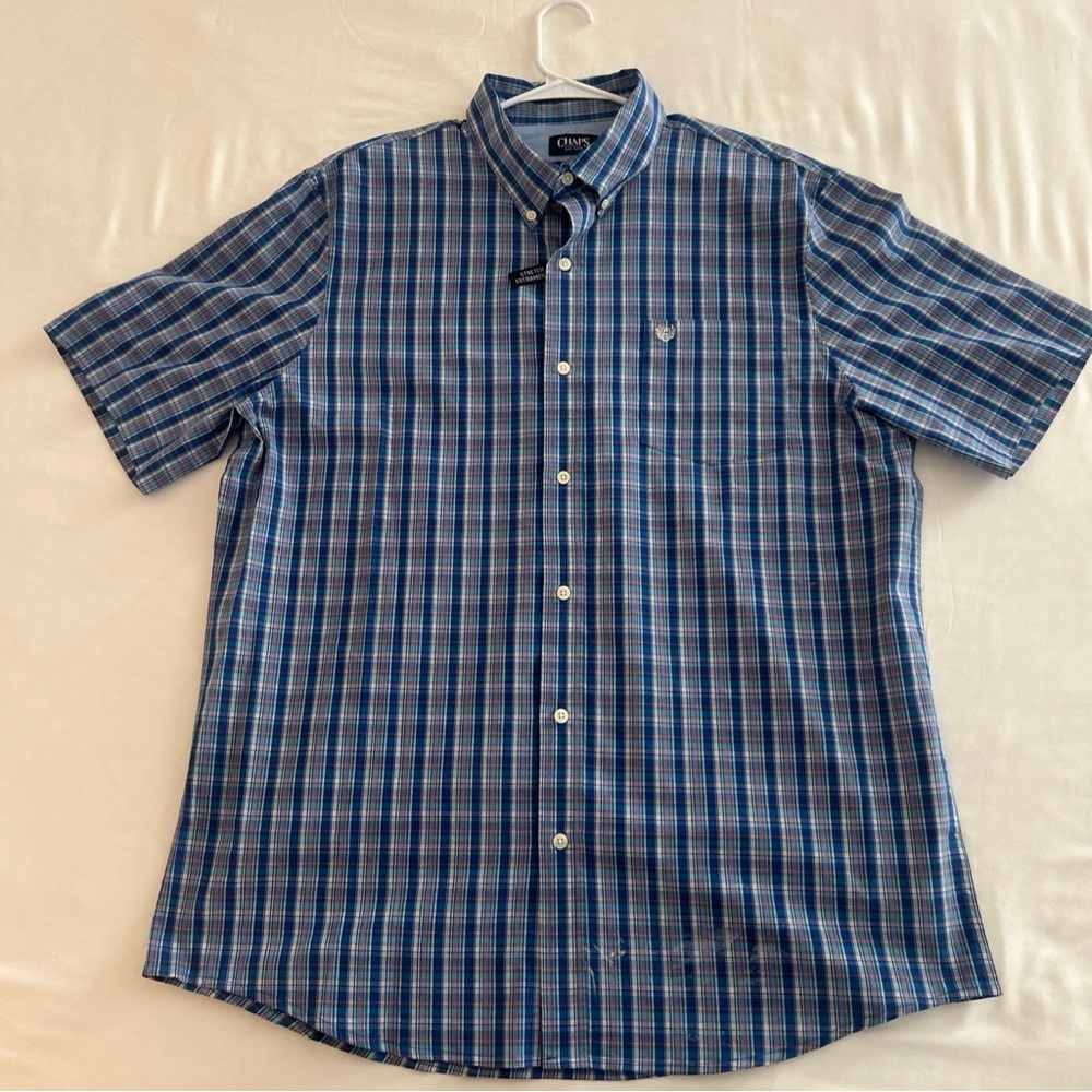 Chaps Blue Casual Button Down Shirt with Plaid Design